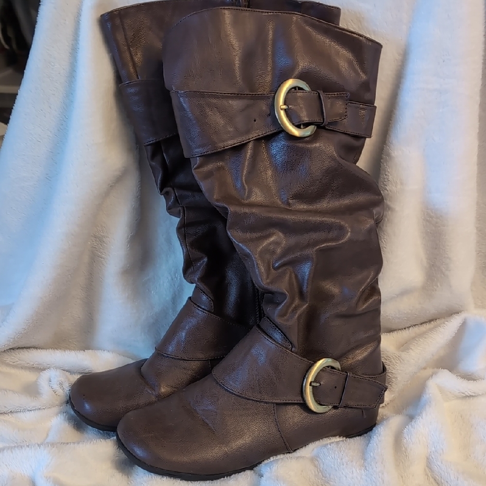 Brown Slouchy Knee-High Buckle Boots